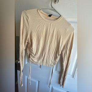 Cream Long Sleeve Crop Top Drawstring Side Tee